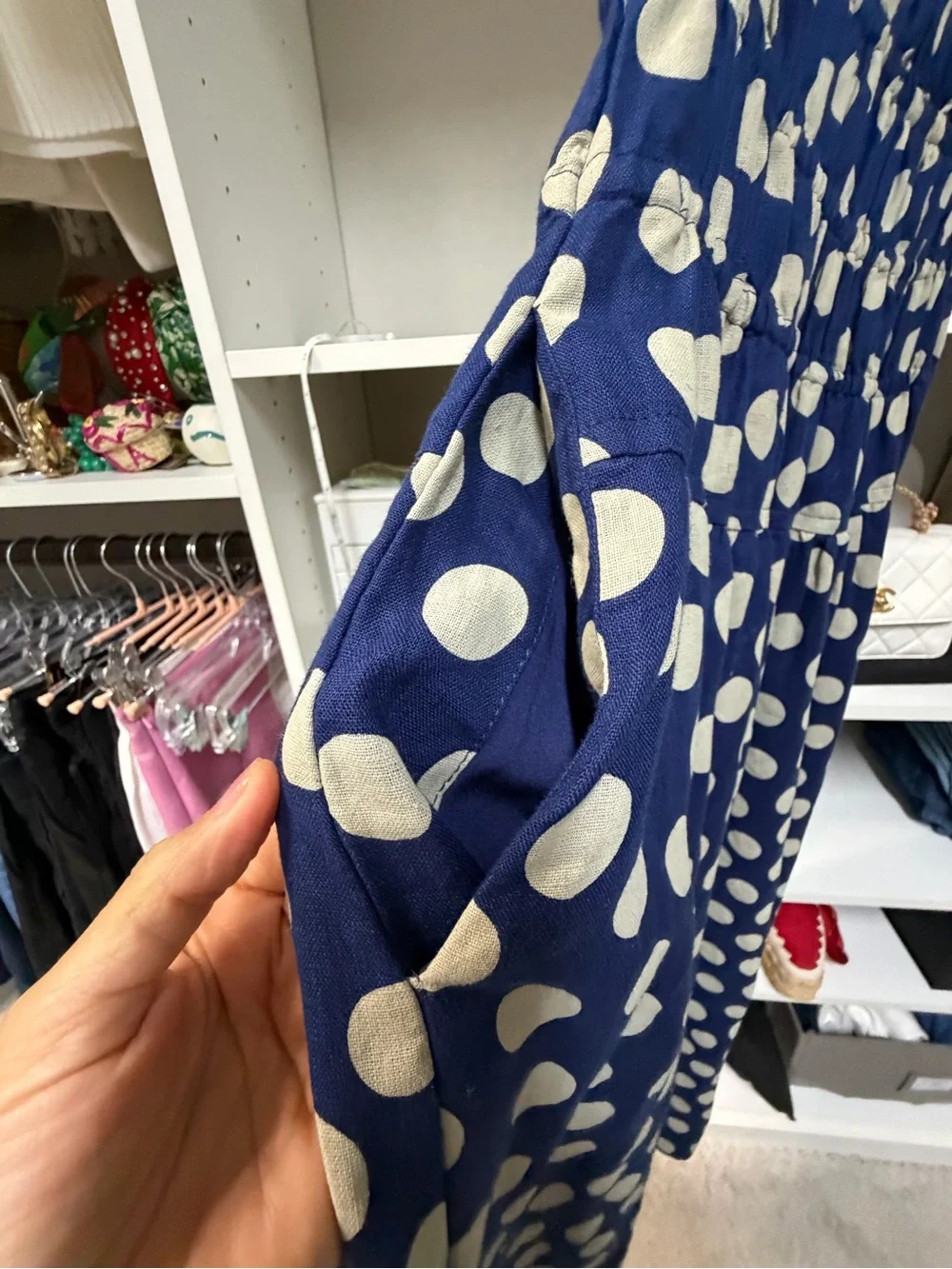 J. Crew Navy and White Polka Dot Sleeveless Midi Dress